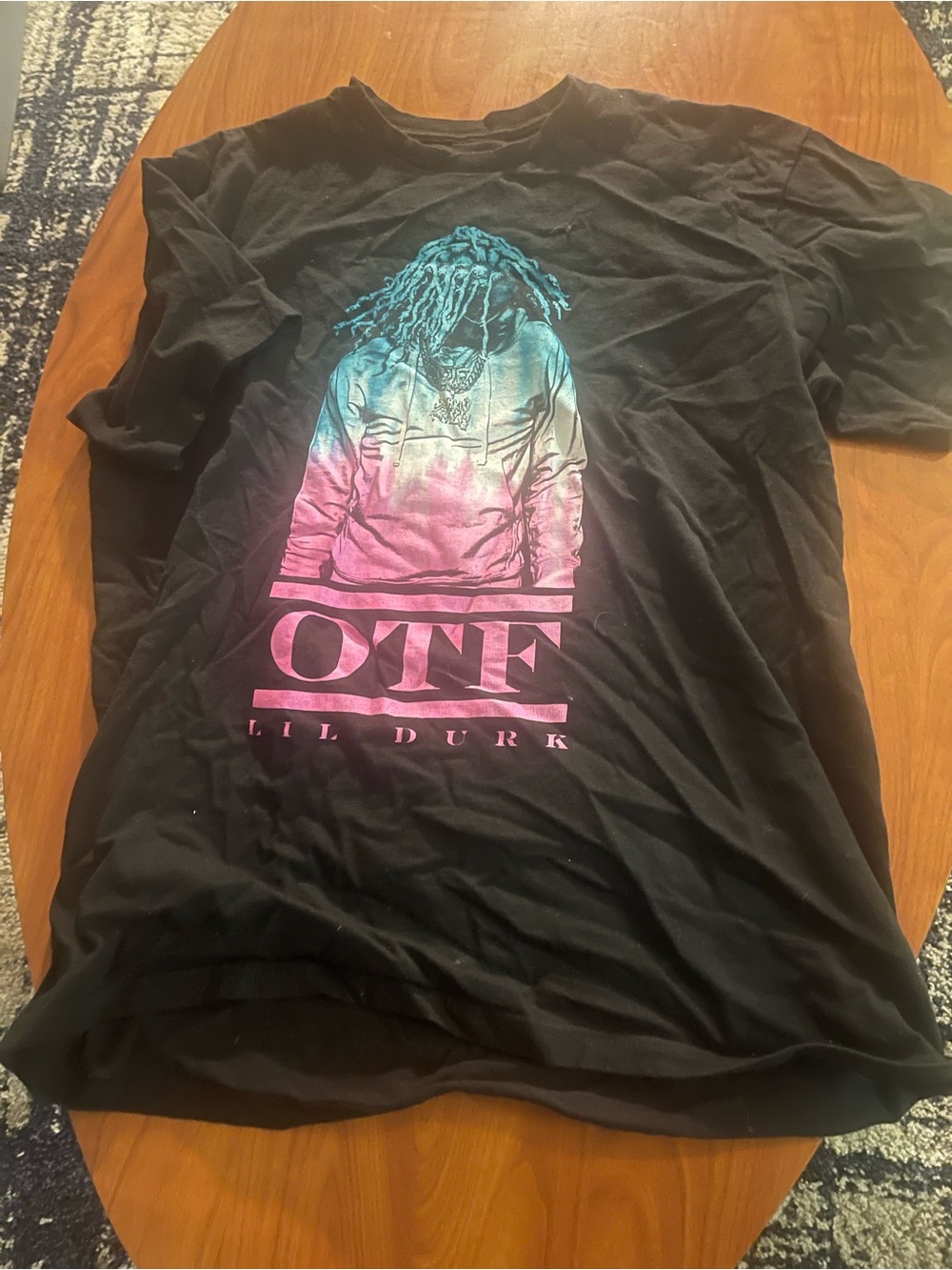 OTF Lil Durk Black Graphic Tee with Pink & Teal Print